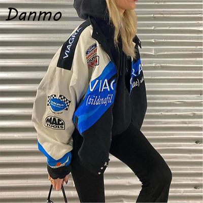 Danmo Blue Printed Casual Loose Jacket Woman Jacket Bomber Jacket Women Colorblock Coat Women Sports Style