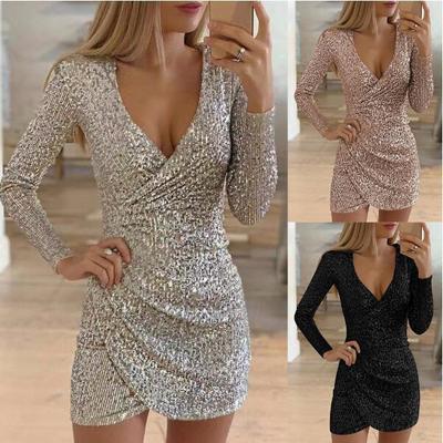 Sexy Silber Glitter Kleider Für Frauen 2021 Tiefem V-ausschnitt Pailletten Mini Bodycon Dress Herbst Winter Langarm Party Dress
