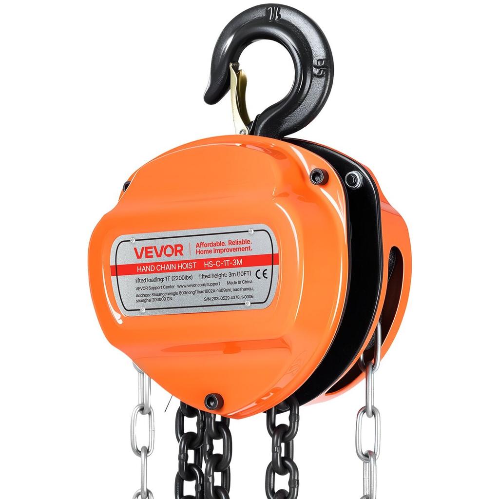 Hand Chain Hoist, 1 Ton 2200 lbs Capacity, Manual Chain Block with Upgrade G80 Galvanized Chain, 3 m Lifting Height, Heavy Duty Pulley Hoist for