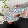 Blue and White Dessert Plate High Footed Fruit Plate Cake Stand Pastry Plates Refreshments Tray Bread Plates Dim Sum Dish Bowl