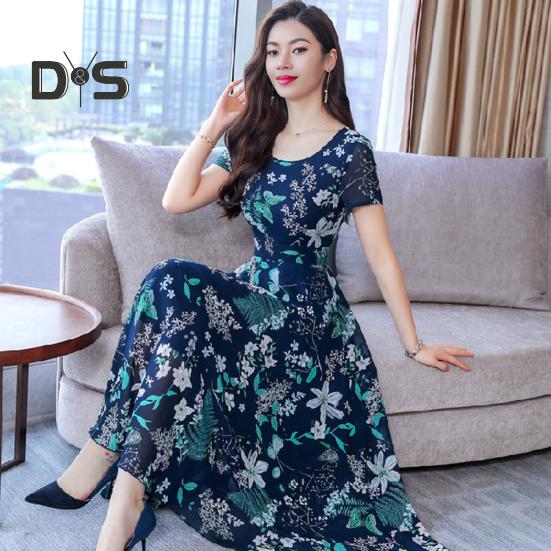 Dámské letní šaty s květinovým potiskem Plážové šaty do půli lýtek s upnutým pasem Krátký rukáv s kulatým výstřihem Šaty do A na prázdninové párty