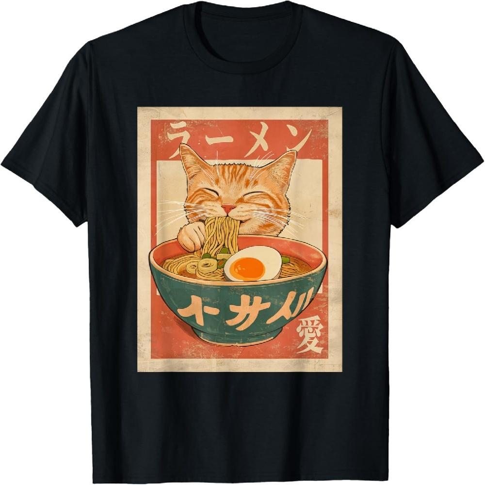 Cat Ramen Funny Japanese Vintage Graphic Tee Kawaii Anime Unisex-Adults T-Shirt Black Small XXXXXL чёрный