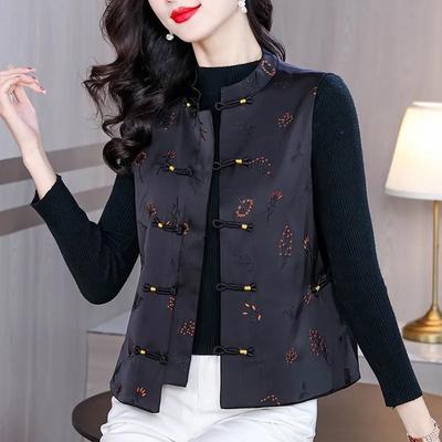 Women's Black New Chinese Style Mandarin Collar Frog Button Vest with Floral Print Retro Casual Gilet