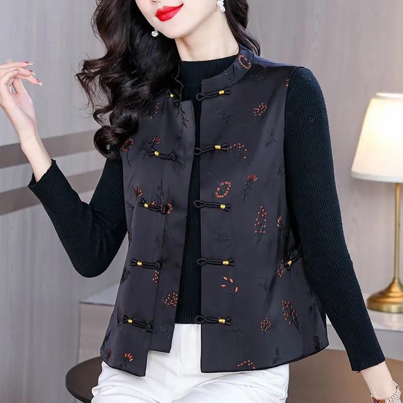 

Женский черный новый китайский стиль воротник-мандарин пуговица-лягушка жилет с цветочным принтом ретро повседневный жилет L чёрный