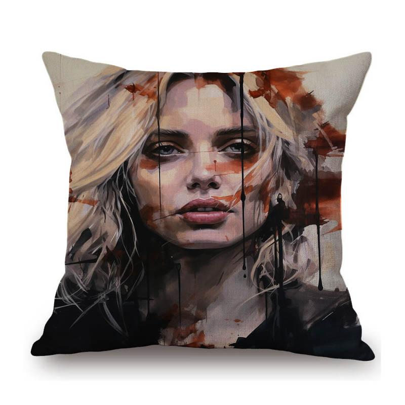 Modern Art Ink Splash Painting Fashion Girl Lady Portrait Beautiful Face Home Decorative Sofa Throw Pillow Case Cushion Cover