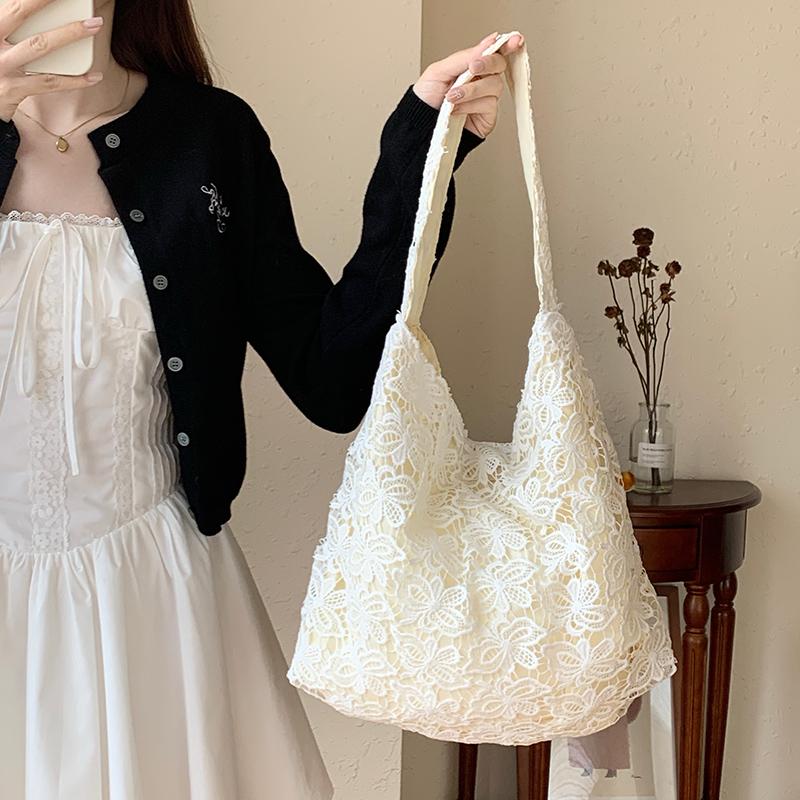 

Summer Lace Flower Women s Shoulder Bags Hollow Out Floral Ladies Beach Handbags Large Capacity Female Shopping Bag Retro Tote бежевый