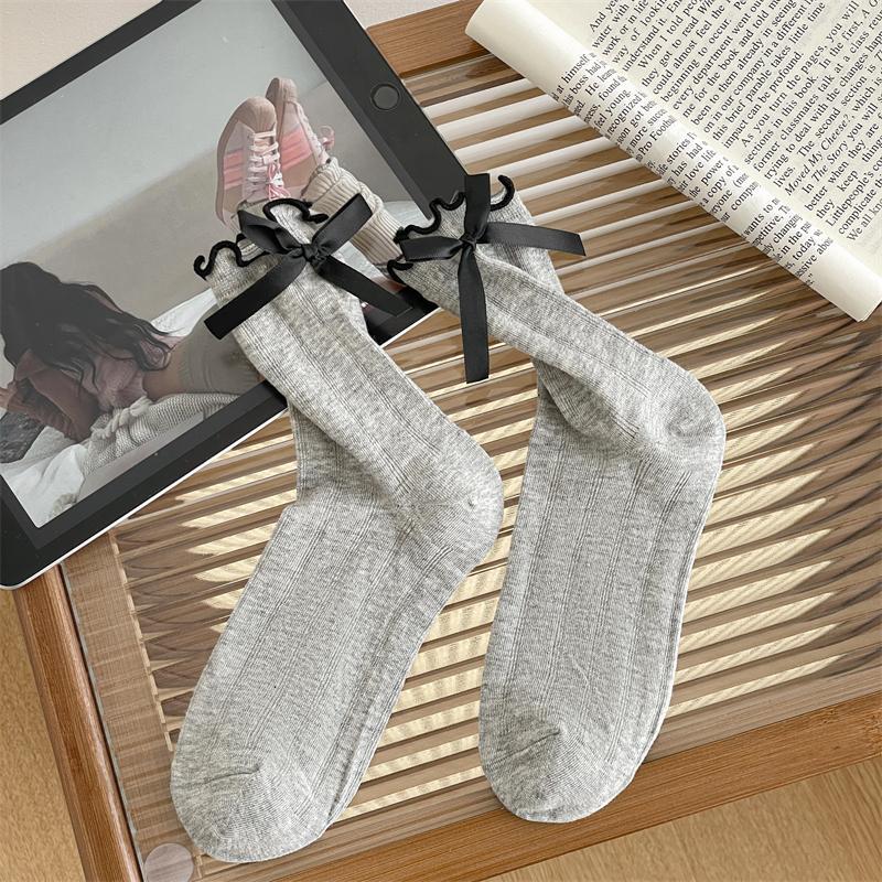 Women's Spring and Summer Thin Bow Wooden Ear Edge Ballet Wind Drum Pile Cotton Socks