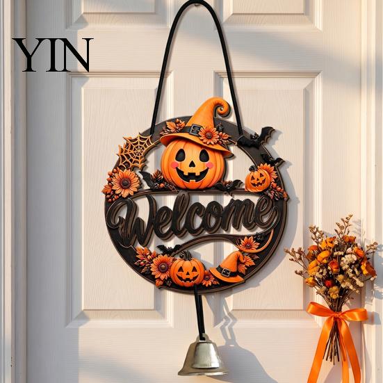 Wooden Craft Hanging Decoration Halloween Pumpkin Ghost Welcome Door Hanger Sign, Cute Wall Ornament with Bell Holiday Sign for Store Entry