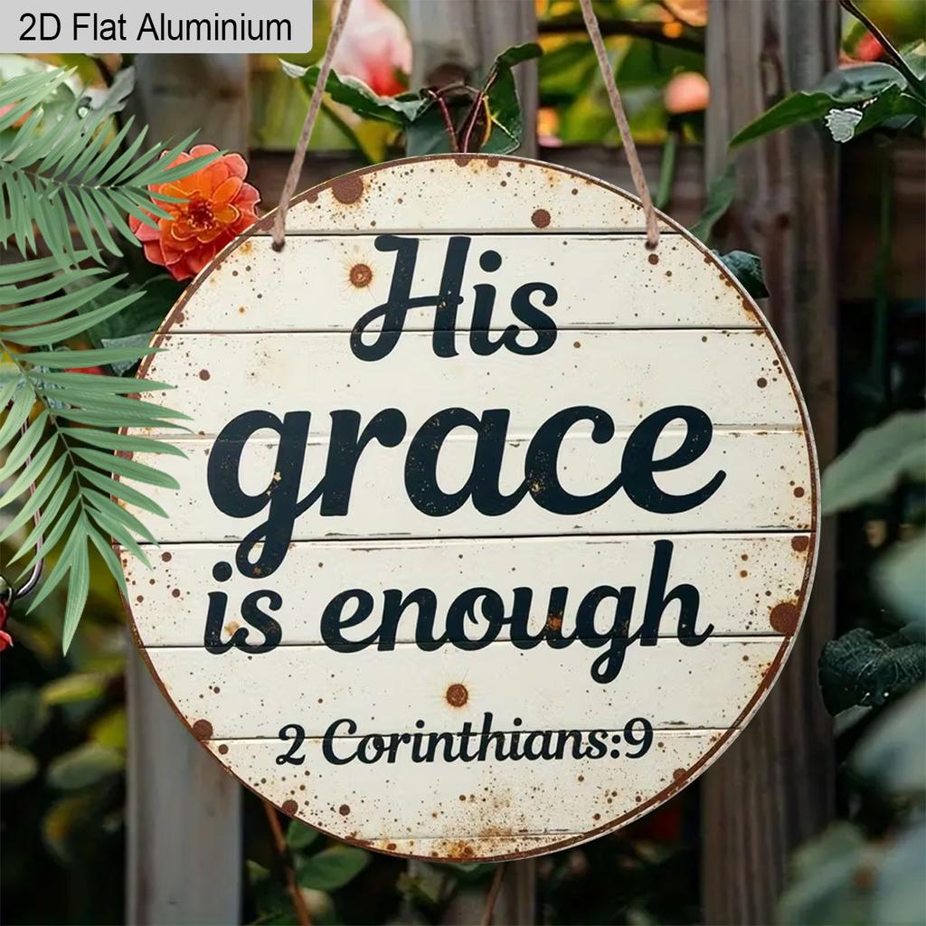 2D Flat Aluminum His Grace Is Enough Christian Wall Decor, Round Metal Sign with Rustic Wood Look, 2 Corinthians Bible Verse Scripture Plaque for