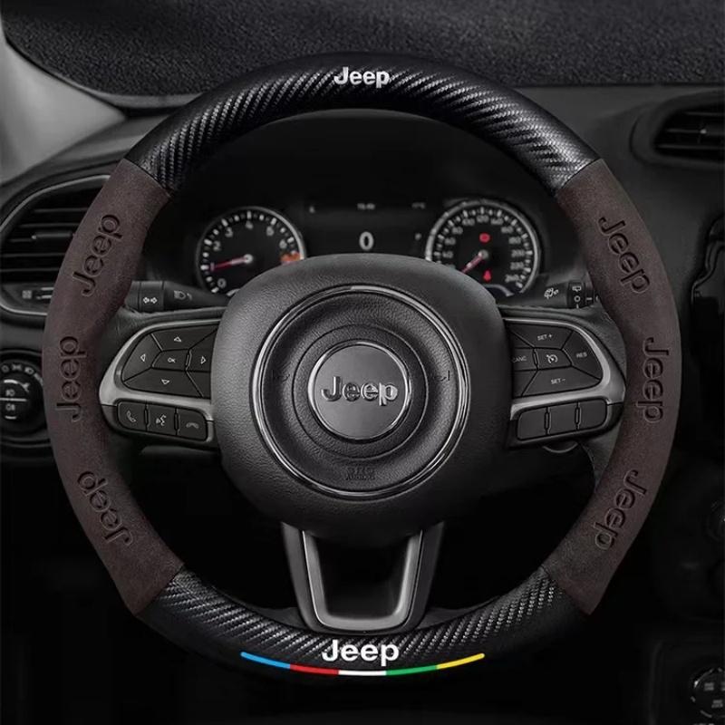 AQI1  Carbon Fiber Suede Car Steering Wheel Cover Anti Slip Car Interior Accessories For Jeep Wrangler Grand Cherokee Compass Renegade