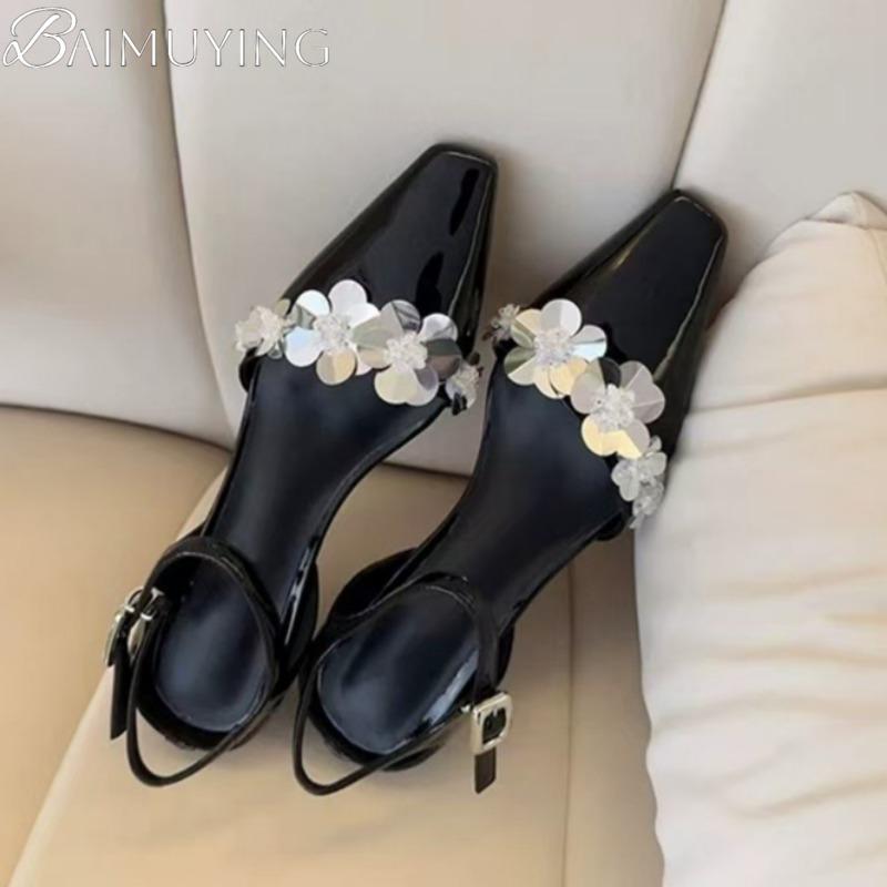 Flower Women Heeled Sandals Summer Square Toe High Heels Shoes Woman Slingback 2025 Trend Pumps Shallow Dress Sandalias Mujer