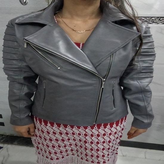 Noora Women's GREY Genuine Lambskin Leather Biker Jacket, Stylish Motorcycle Slim fit Leather Jacket, Clubbing Jacket for Movie Date, Gift Fr Winter