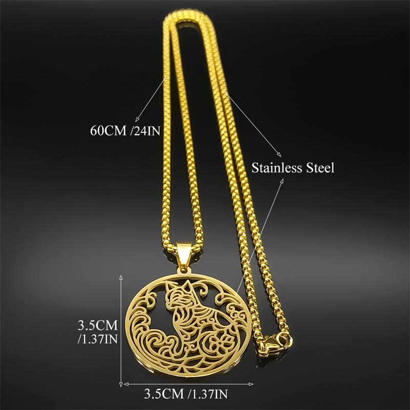 A beautiful cat animal pendant necklace for men and women, stainless steel gold/silver/black hollow flower chain jewelry necklace