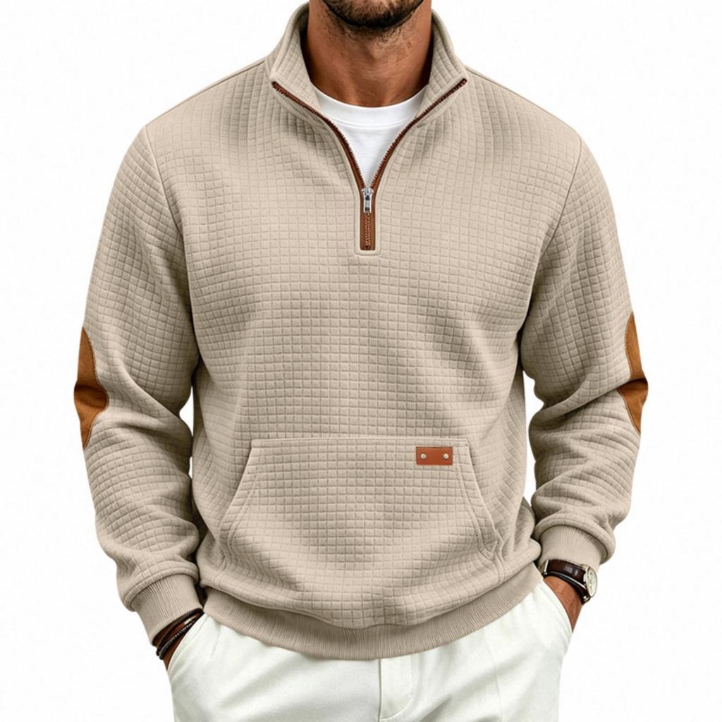 Men's Pullover Sweatshirt with Stand Collar Check Pattern Loose Fit for Outdoor Casual Wear