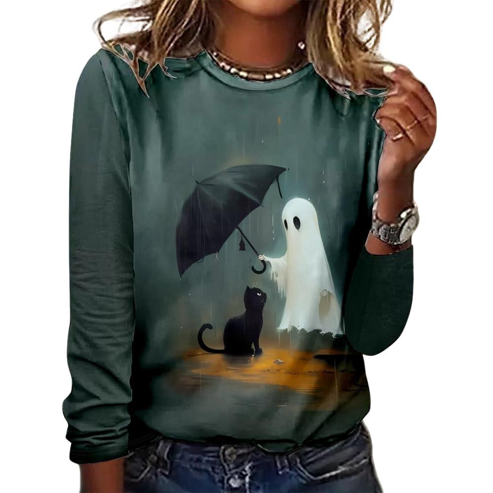 Women's Halloween 3D Printed Pumpkin Face Bat Long Sleeve Shirt Autumn Loose Casual Polyester Round Neck Fashion Casual Top