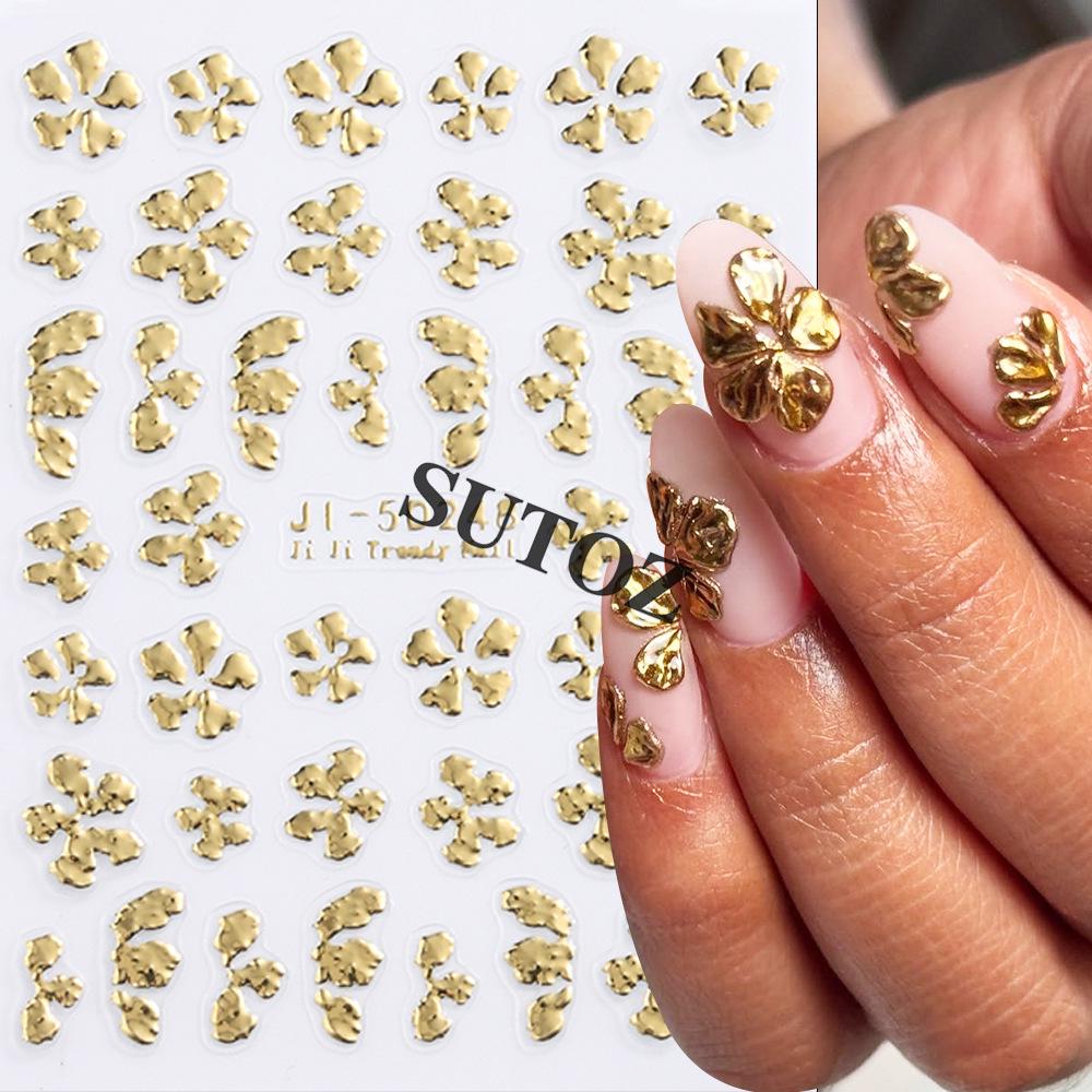 5D Embossed Gold & Silver Floral Nail Stickers with Hollow Circles & Petals