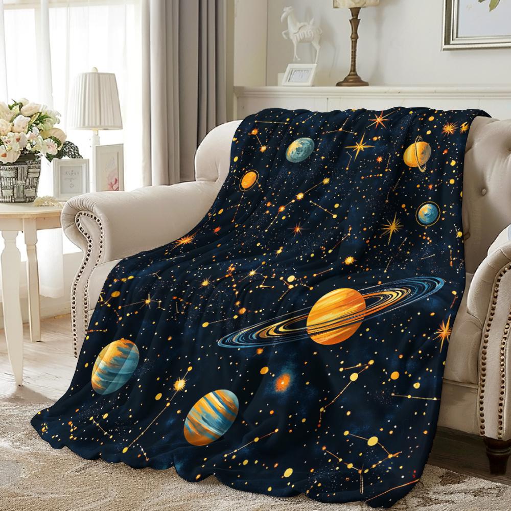 1pc Cozy Universe-Themed Flannel Blanket with Vibrant Planets & Stars Design – Soft, Warm, and Lightweight – Perfect
