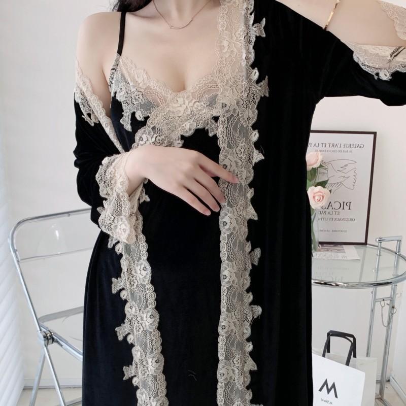 Velvet Women Homewear Sexy Lace Kimono Bathrobe Gown Trim 2PCS Robe Set Loose Casual Lounge Wear Autumn Winter Velour Sleepwear