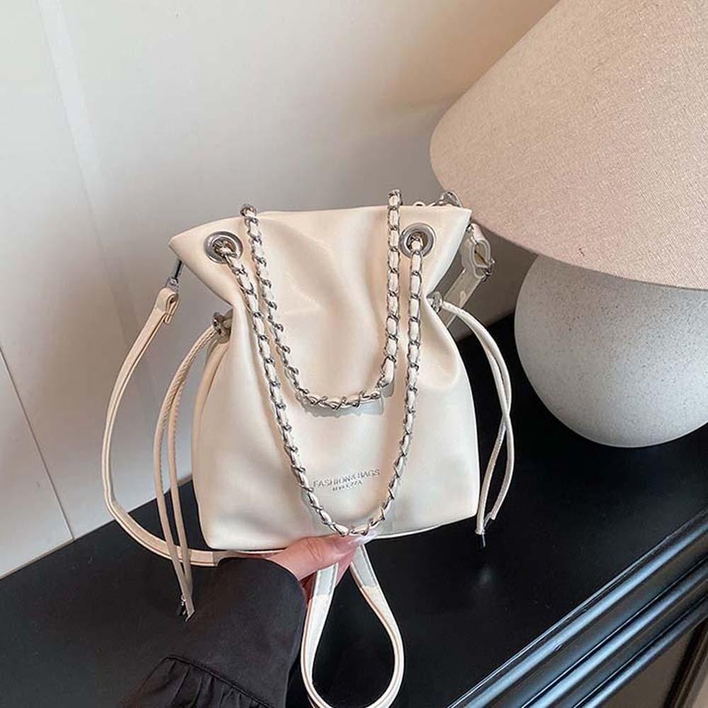 Phone Pouch Bucket Drawstring Bag Large Capacity Solid Color Leather Chain Handbag Polyester Anti-splash Water