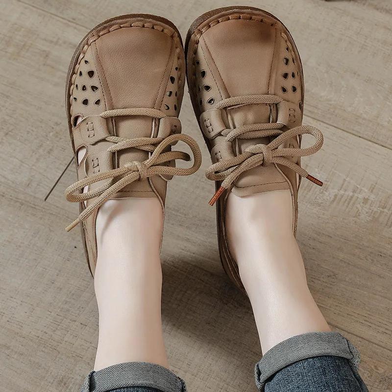 Cow Genuine Leather Soft Soled Hollow Sandals for Women Retro Casual Women Shoes Comfy Retro Wide Toe Thick Soled Women's Shoes