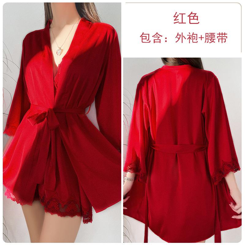 Bridal Morning Gown Sexy Satin Lace Suspender Nightdress Women's Long-sleeved Lace-up Nightgown Loungewear Set