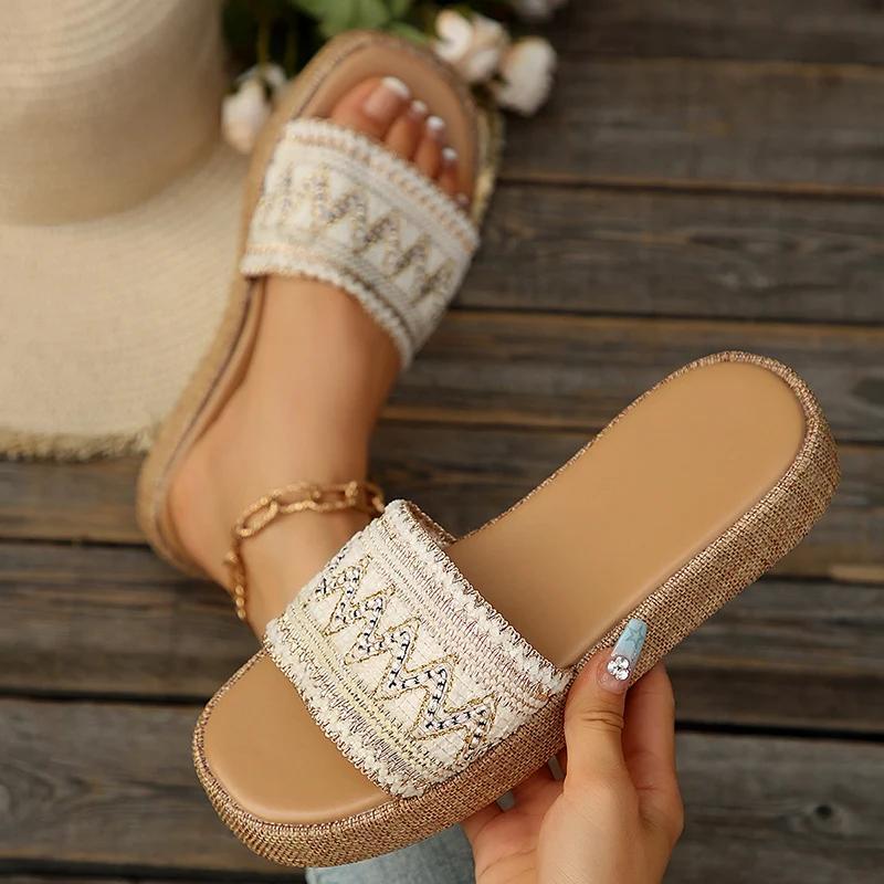Fashion 2025 New Thick Bottom Bohemian Sandals Women Summer Woven Platform Slippers Woman Vintage Plus Size 36-43 Non Slip Slides Female