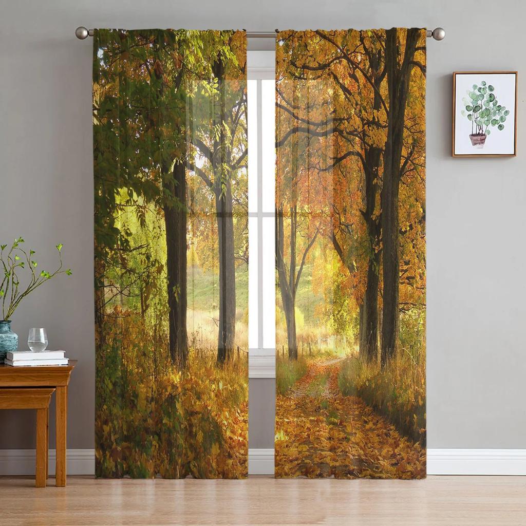 Maple Leaf Autumn Forest Landscape Tulle Curtains Living Room Bedroom Decoration Voile Window Party Drapes Curtain Sheer Polyester Ideal For Area