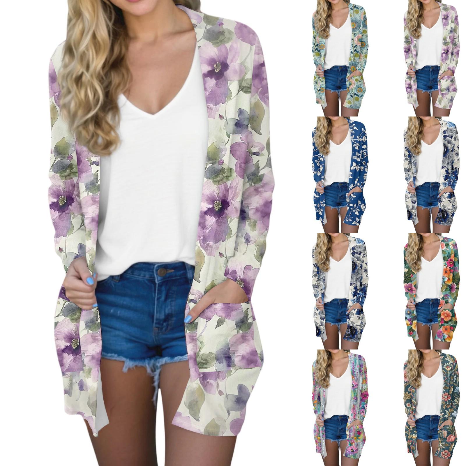 

Women s Fashion Casual Comfort Floral Print Mid-Length Cardigan Jacket M фіолетовий