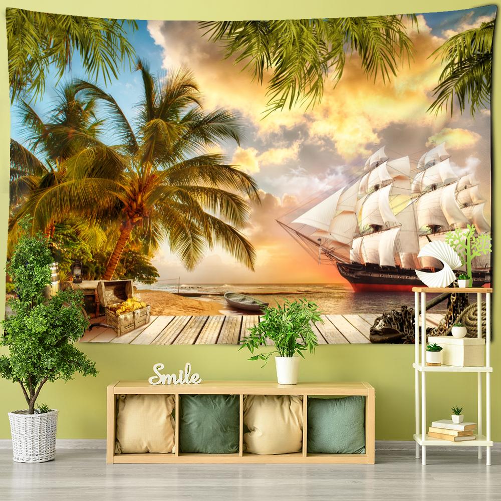 

Закат Кокосовая Пальма Парусник Гобелен Настенный Бохо Эстетическая Комната Искусство Простой Декор Гостиной Общежития 95x70cm