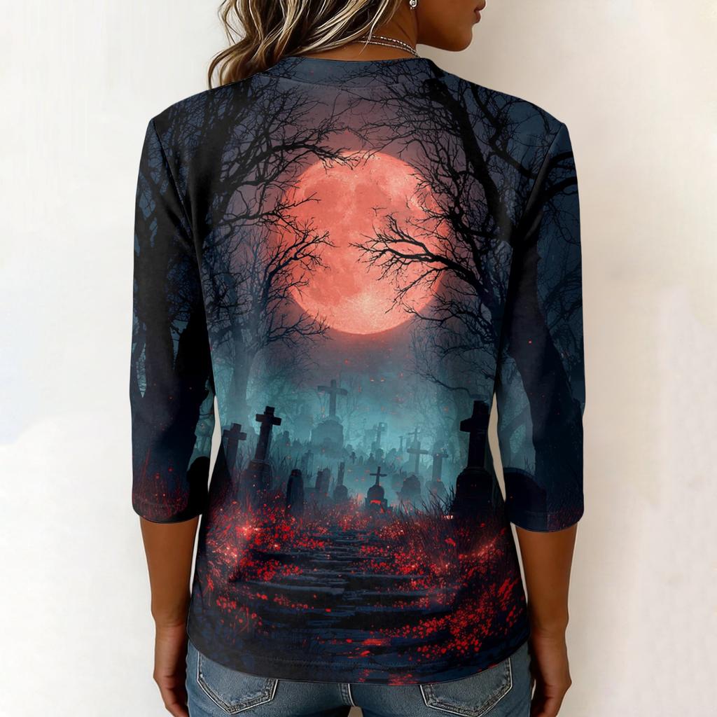 Womens Halloween Graphic V Neck T Shirt Casual 3/4 Sleeve Top Autumn Seasonal Print Loose Fit Pullover