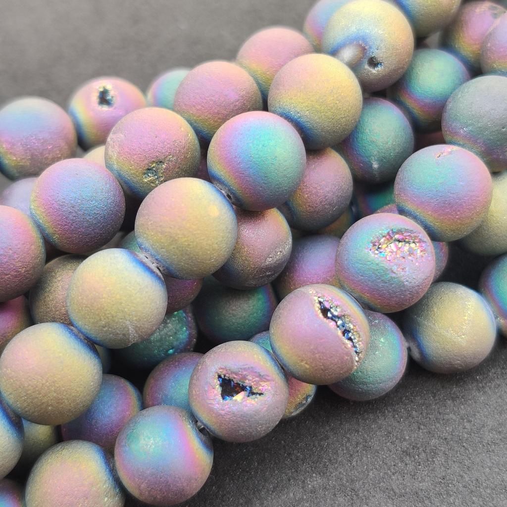 Natural Gemstone Druzy Agate Beads, Multi-Color Smooth Round, Matte Finish, 6mm 8mm 10mm Size Beads, Full Strand 14-15 Inch, Great for Jewelry Making