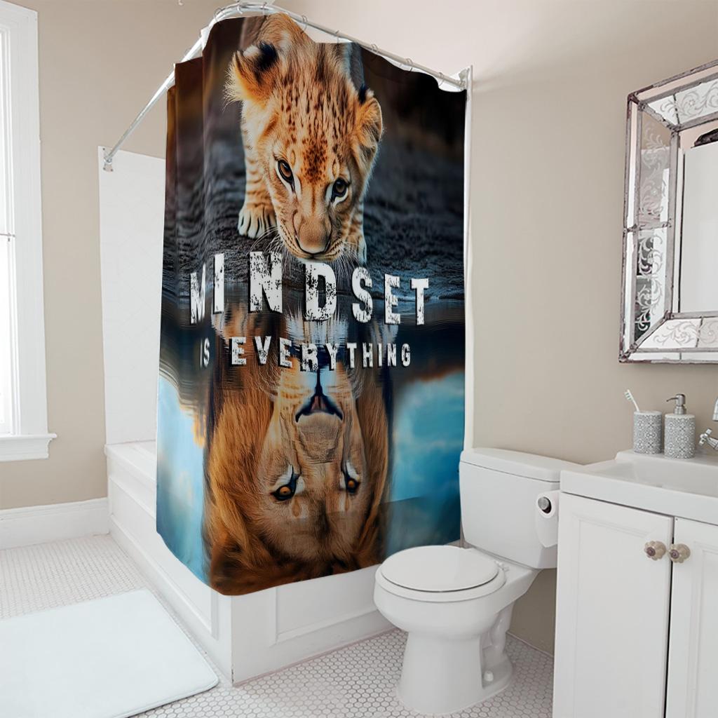 Mindset Is Everything Lion Shower Curtain, Motivational Lion Cub Reflection Bathroom Decor, Inspiring Animal Fabric Curtain