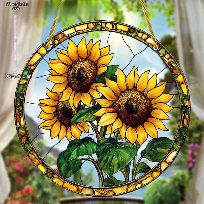 Sonnenblumen-Sonnenuntergangs-Berglandschaft Sonnenfänger Buntglas Rundes Acryl Hängende Dekoration Geeignet für Fenster Sonnenfänger Tür, Sonnenfänger