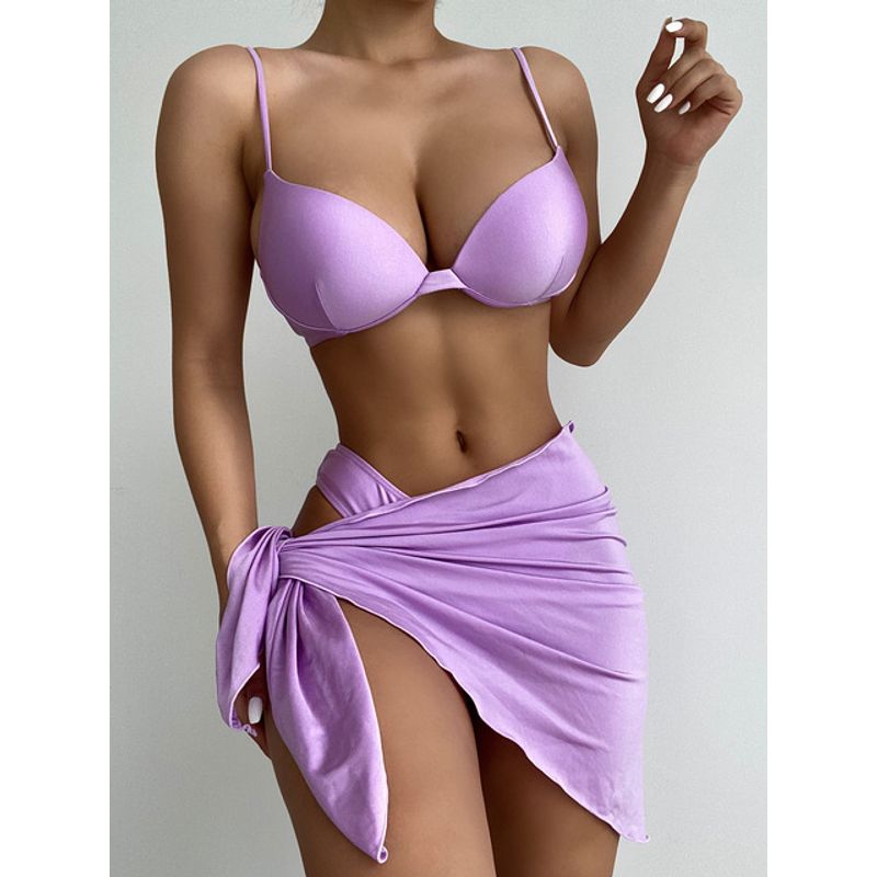 

3 Piece Push up Swim Suit Solid Bikini 3 Piece Swimsuit Pure Color Bikini purple S