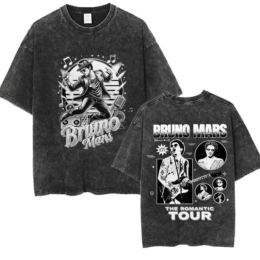 Fashion Hip Hop Clothes Amerikaanse Zanger Rapper Bruno Mars The Romantic Tour 2026 Vintage Gewassen T-shirts Mannen Vrouwen Punk Gotische Mode Katoenen Korte Mouw T-shirt Streetwear S ivoor