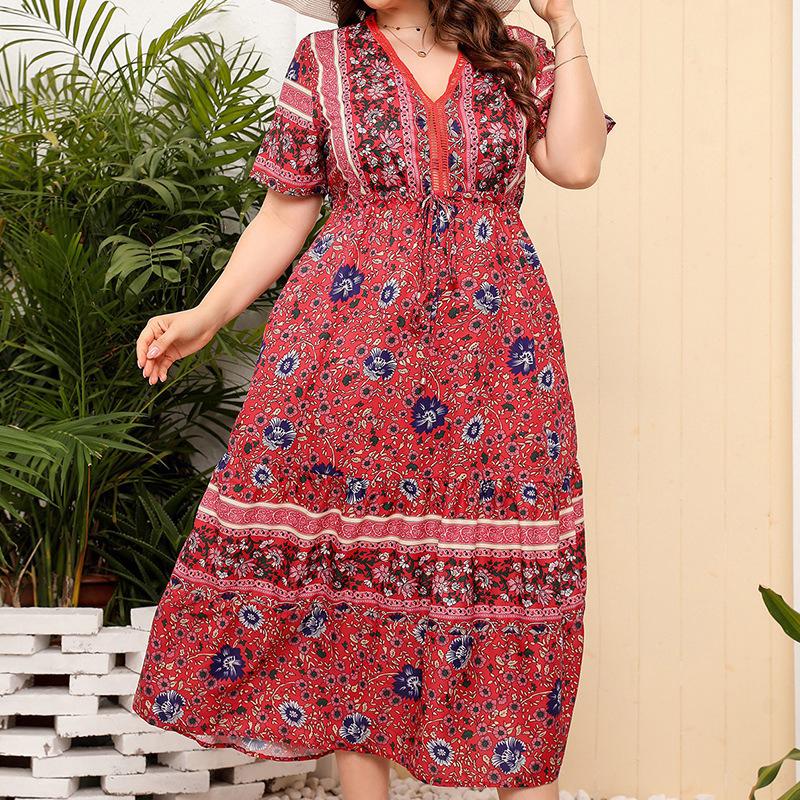 (M~4XL) Vestido Largo Boho con Estampado Floral para Mujer Cuello en V manga corta cintura alta patchwork vestido maxi moda casual transpirable ligero talla grande