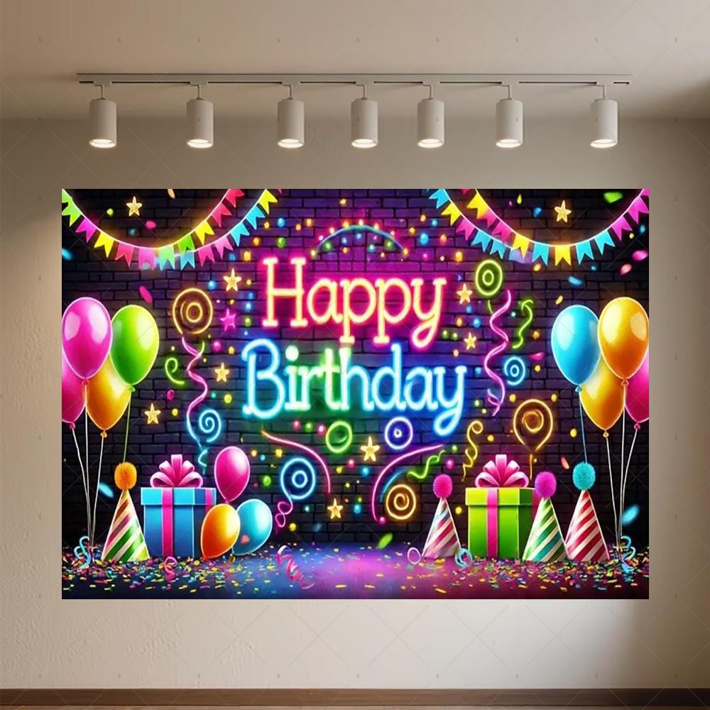 Glitter Happy Birthday Background Banner Glow Neon Dance Carnival Party Decorations Colourful Backdrop Supplies Photography Prop