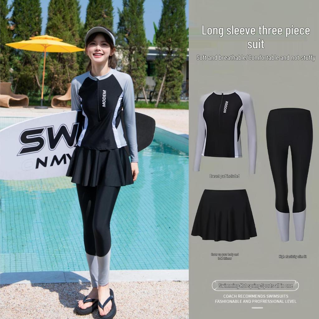 Women's Three-Piece Swimsuit: 2026 Sun Protection with Long Sleeves & Pants for Diving & Hot Springs.