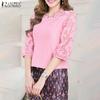 ZANZEA Women Casual Hollow Lace Patchwork 3/4 Sleeve Blouse