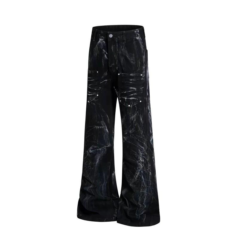 Jeans in Denim Delavé Con Ali d'Angelo Ricamate Vestibilità Larga Svasati Dettaglio Borchie Streetwear Adolescenti