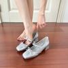 Sea salt Mary Jane shoes spring and autumn new bow middle heel women's shoes French thick heel ballet silver single shoes women