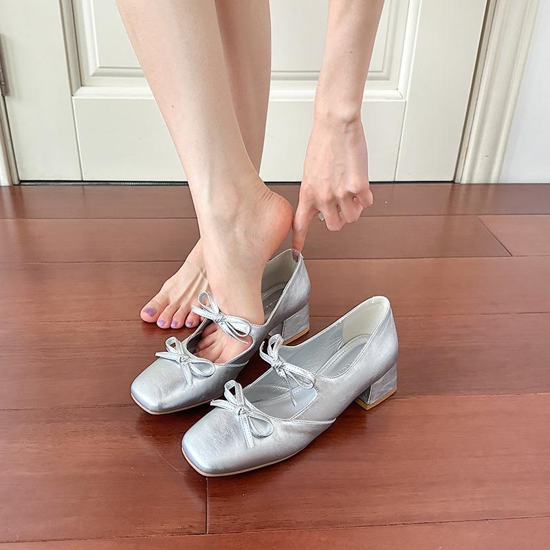 Sea salt Mary Jane shoes spring and autumn new bow middle heel women's shoes French thick heel ballet silver single shoes women