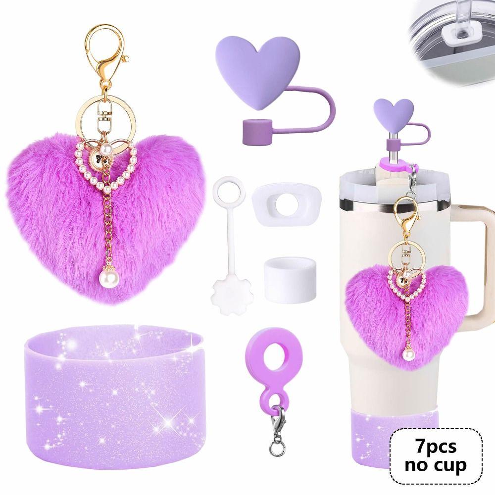 

7pcs Heart Hairball Pendant Cup Silicone Boot for Stanley Cup Accessories Set чорний