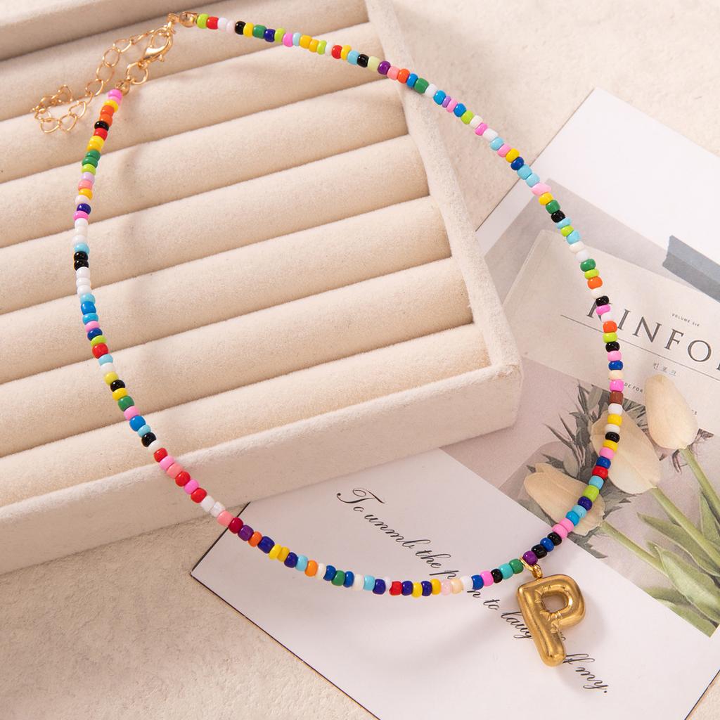 Bubble Alphabet Colored Rice Beads Handmade Beaded Delicate Beach Bohemian Necklace Collarbone Chain