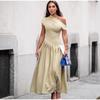 Elegant Pleated Dress For Women Fashion Street Short Sleeve Patchwork Long Dress Casual Office Lady Irregular Neck Robe