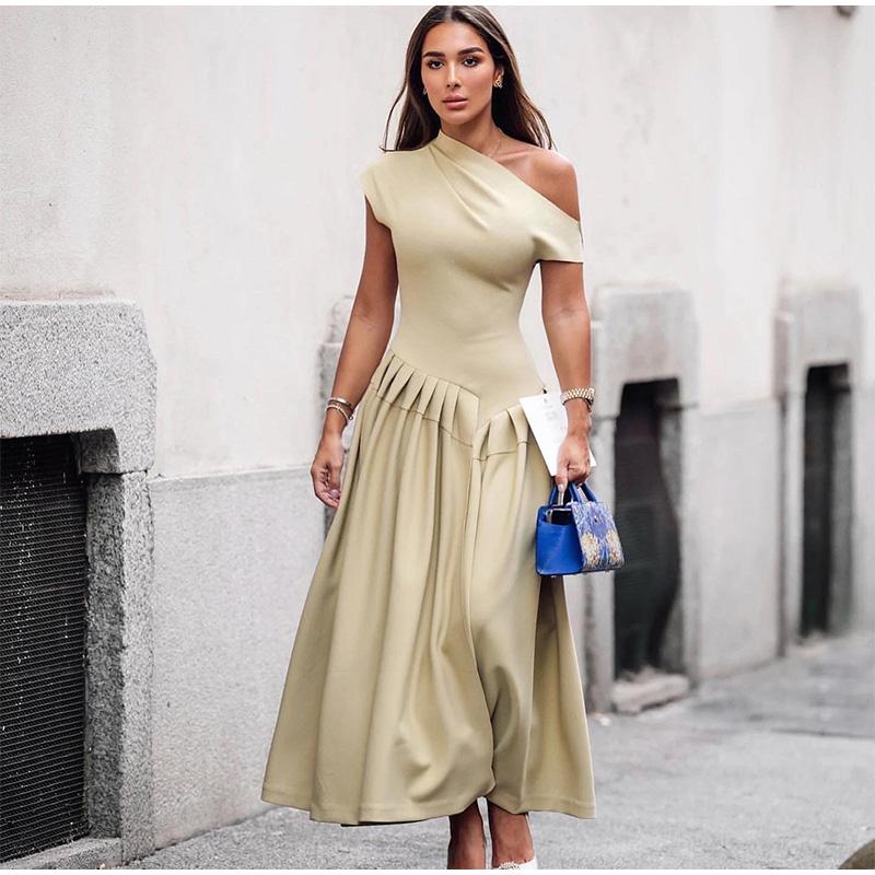 Elegant Pleated Dress For Women Fashion Street Short Sleeve Patchwork Long Dress Casual Office Lady Irregular Neck Robe
