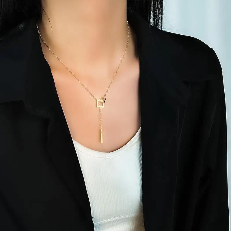 Personality Design Gold Color Stainless Steel Geometric Square Cross Long Pendant Necklace for Women Charm Collar Jewelry Gift