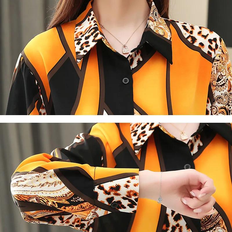 2025 Fashion Office Lady Printed Shirts Spliced Leopard Long Sleeve Chiffon Shirts Women Tops Leopard Button Blouse Women Clothing 8092 50