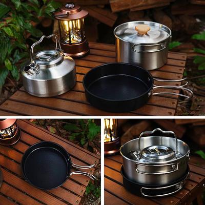 Stainless Steel Pots Pans & Kettle Kits Wear-resistant Foldable Handle Camping Cookware Kits with Teapot for Backpacking