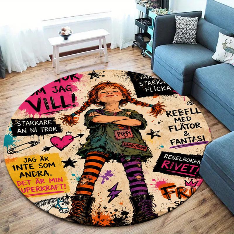 Pippi Longstocking Round Area Rug,Carpet Rug for Living Room Bedroom Sofa Playroom Decor,Non-slip Floor Mat